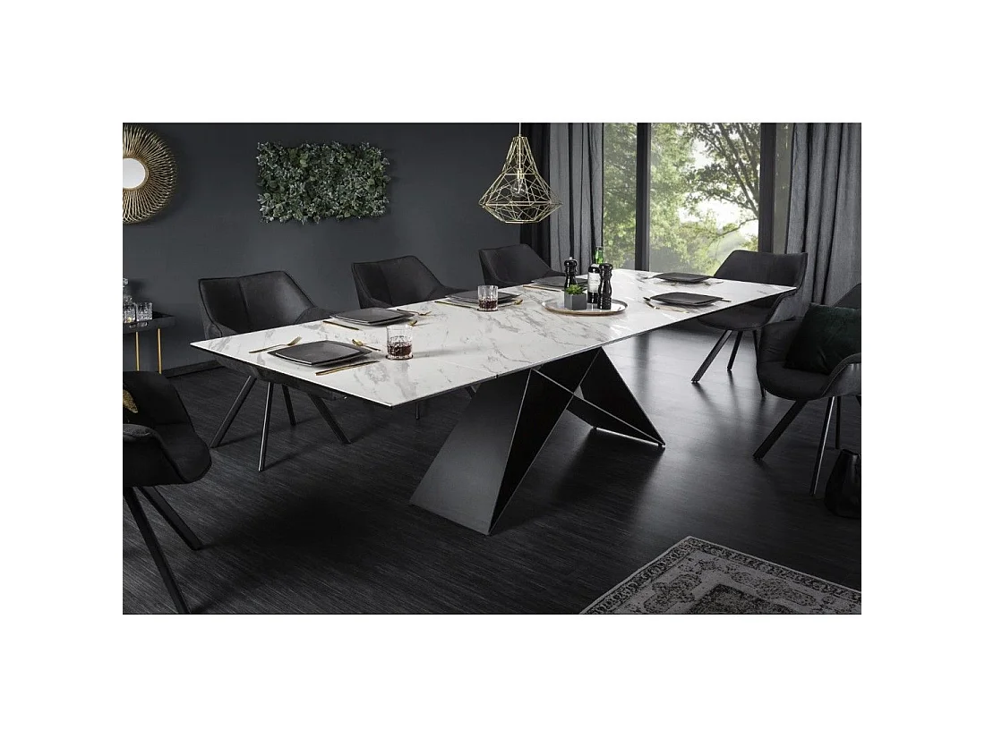 Mesa de comedor ATARA 180–260 cm – Superficie de cerámica efecto mármol blanco y metal negro
