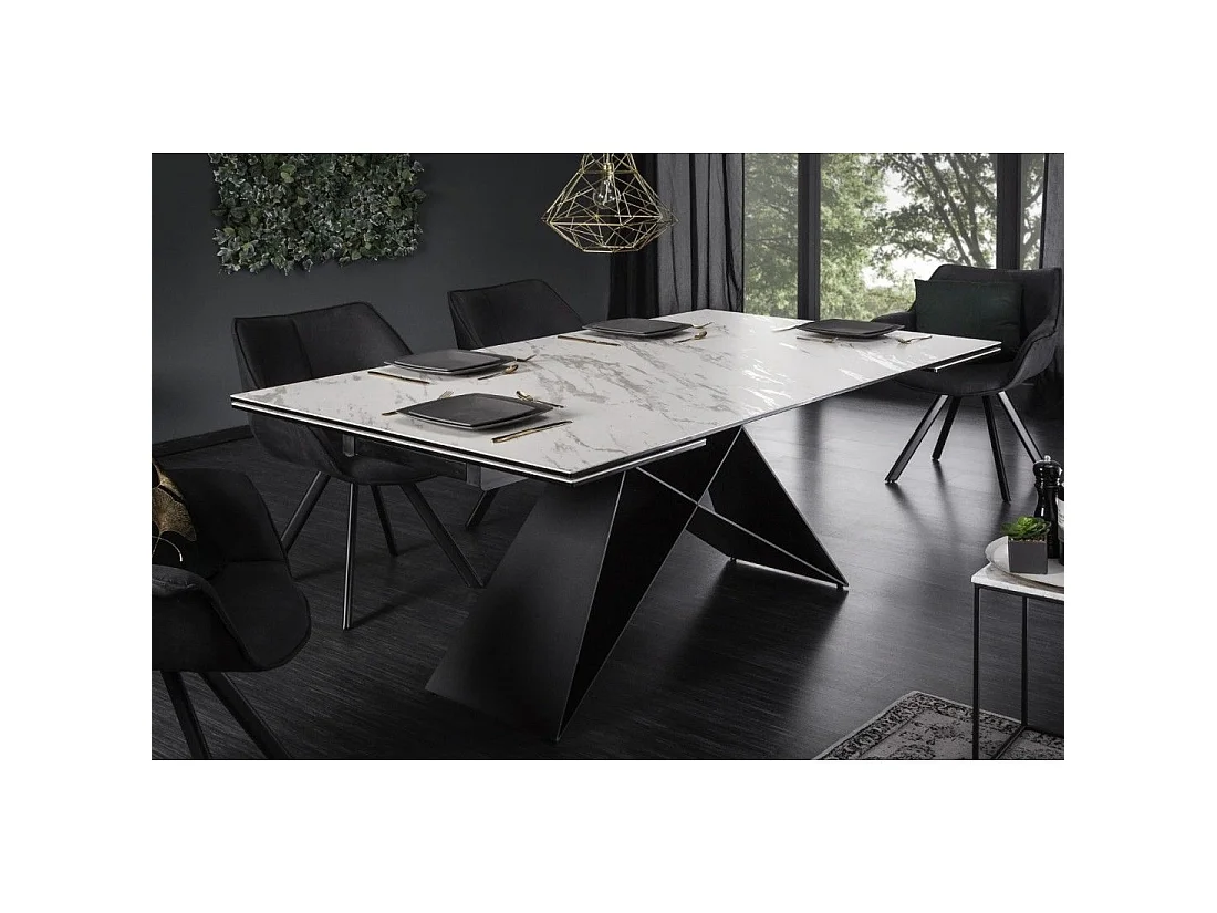 Mesa de comedor ATARA 180–260 cm – Superficie de cerámica efecto mármol blanco y metal negro