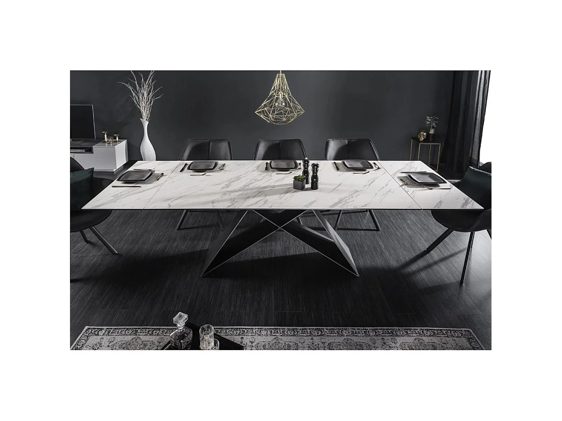 Mesa de comedor ATARA 180–260 cm – Superficie de cerámica efecto mármol blanco y metal negro