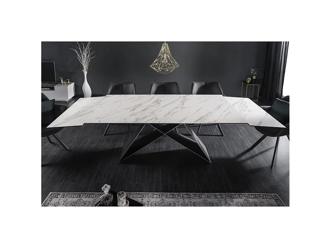 Mesa de comedor ATARA 180–260 cm – Superficie de cerámica efecto mármol blanco y metal negro