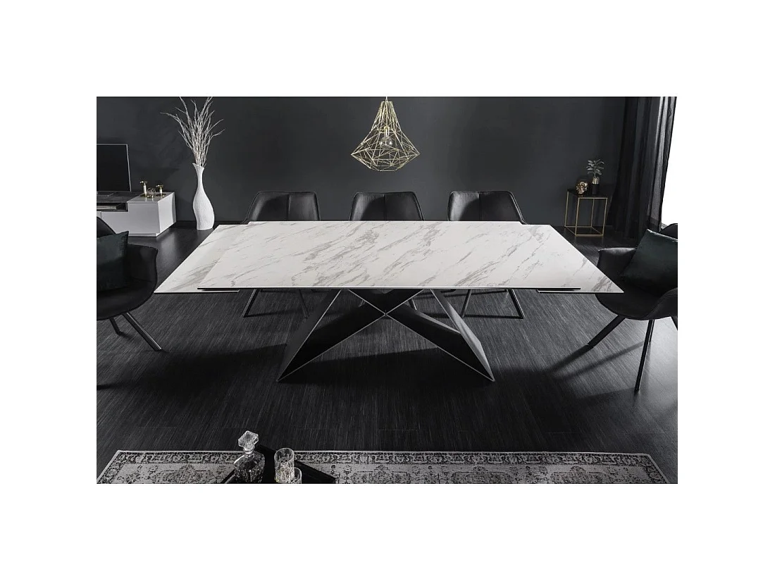 Mesa de comedor ATARA 180–260 cm – Superficie de cerámica efecto mármol blanco y metal negro