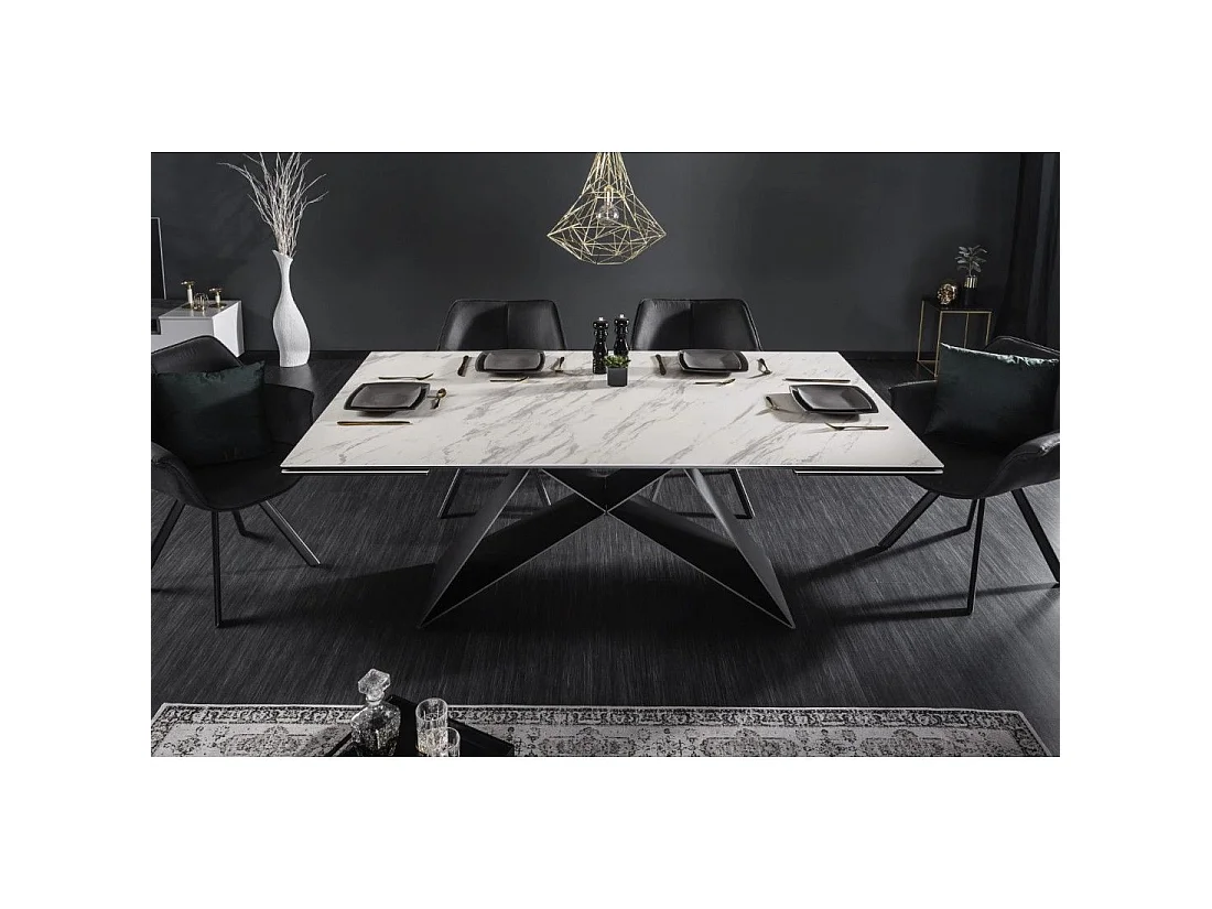 Mesa de comedor ATARA 180–260 cm – Superficie de cerámica efecto mármol blanco y metal negro