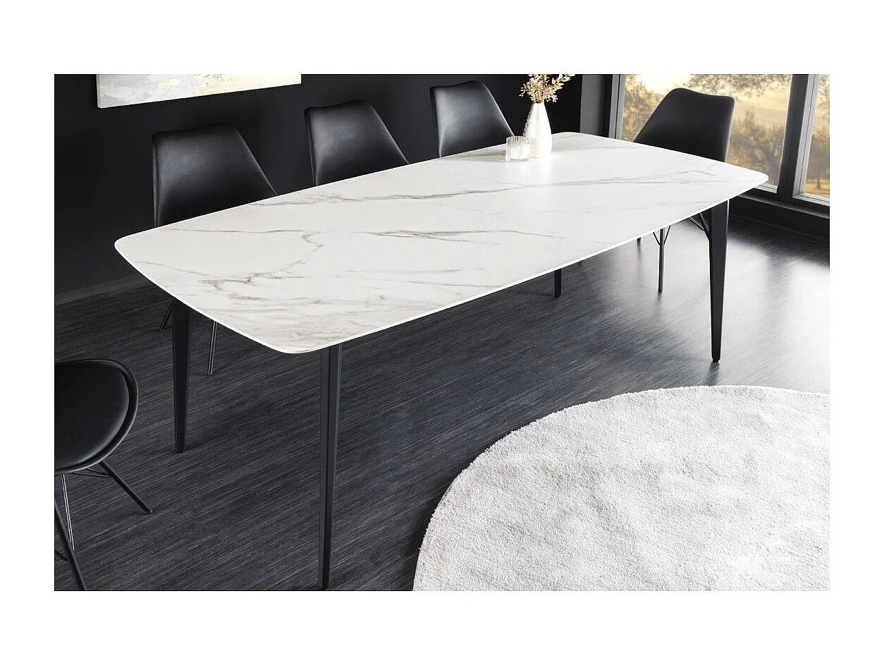Mesa de comedor HEXA 180 cm – Tablero de cerámica efecto mármol blanco y estructura de metal negro
