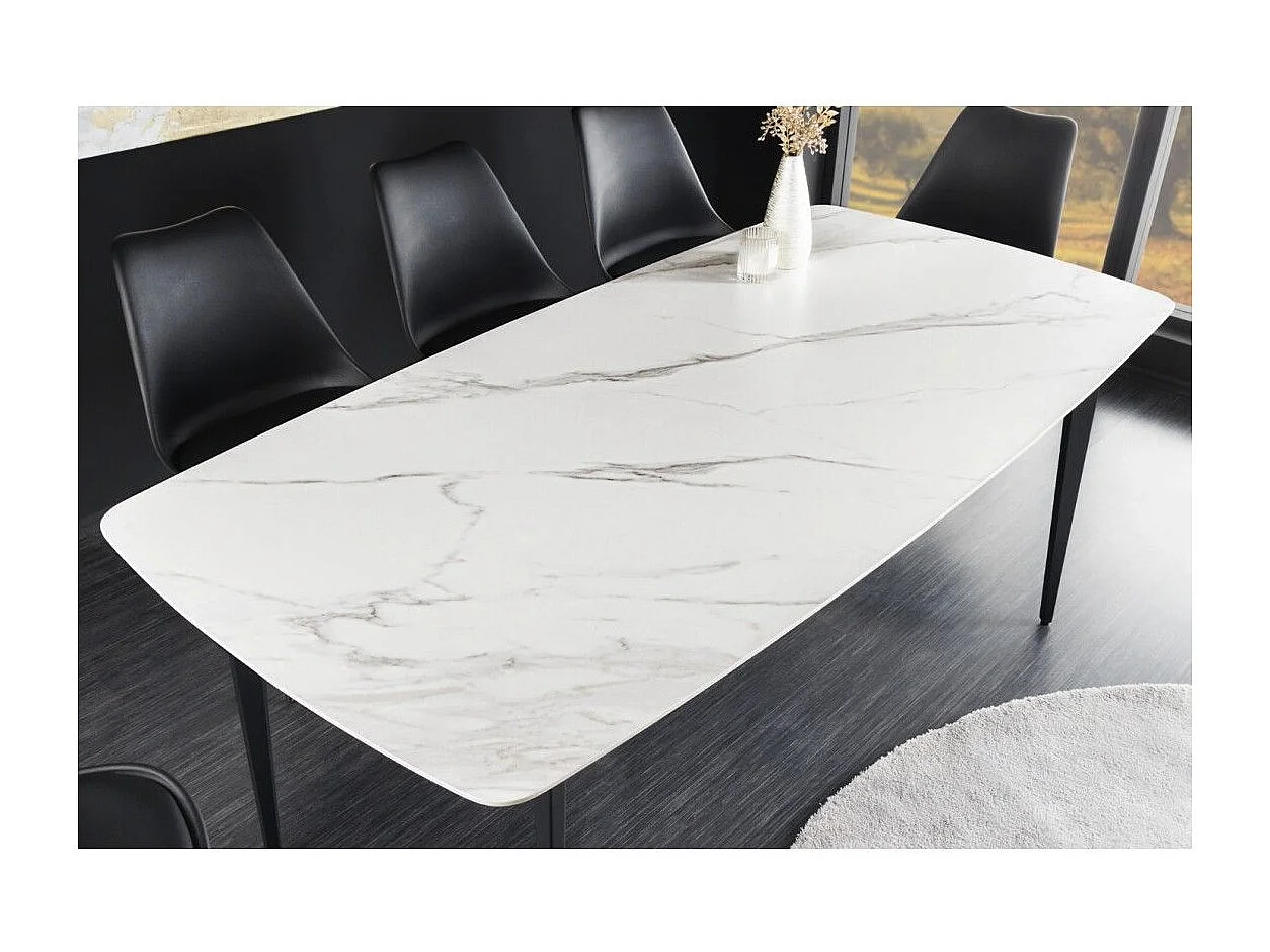 Mesa de comedor HEXA 180 cm – Tablero de cerámica efecto mármol blanco y estructura de metal negro