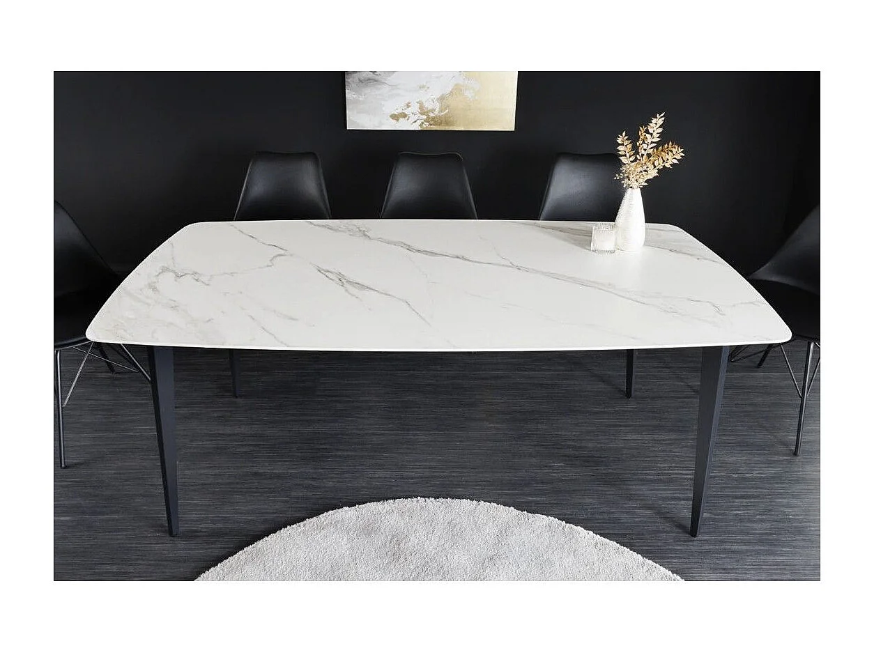 Mesa de comedor HEXA 180 cm – Tablero de cerámica efecto mármol blanco y estructura de metal negro