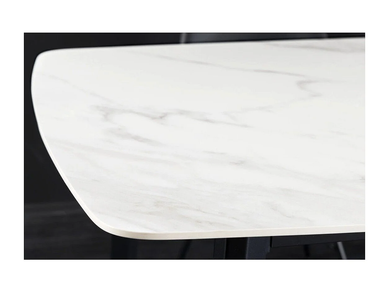 Mesa de comedor HEXA 180 cm – Tablero de cerámica efecto mármol blanco y estructura de metal negro