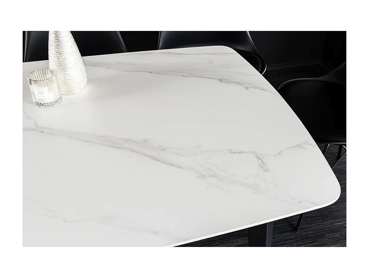 Mesa de comedor HEXA 180 cm – Tablero de cerámica efecto mármol blanco y estructura de metal negro