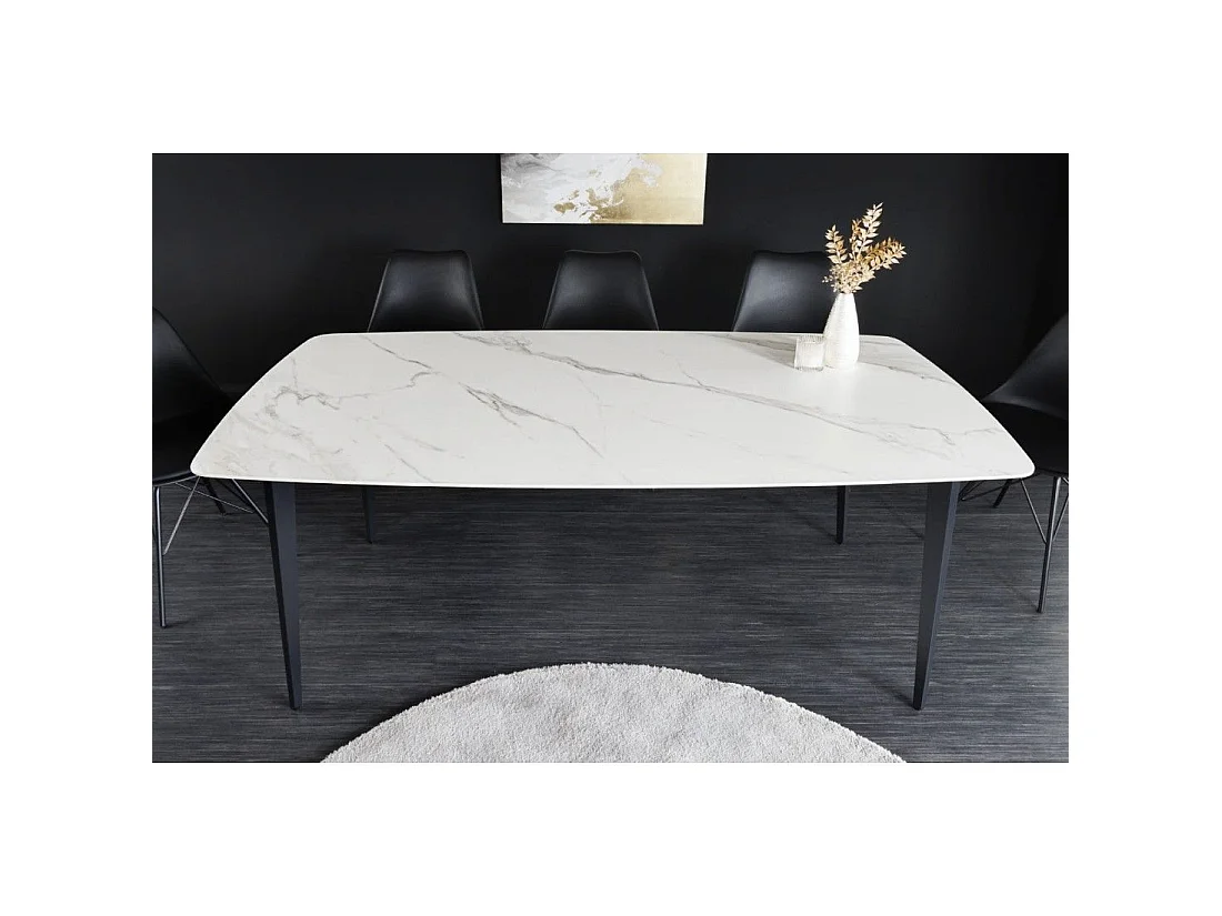 Mesa de comedor HEXA 180 cm – Tablero de cerámica efecto mármol blanco y estructura de metal negro