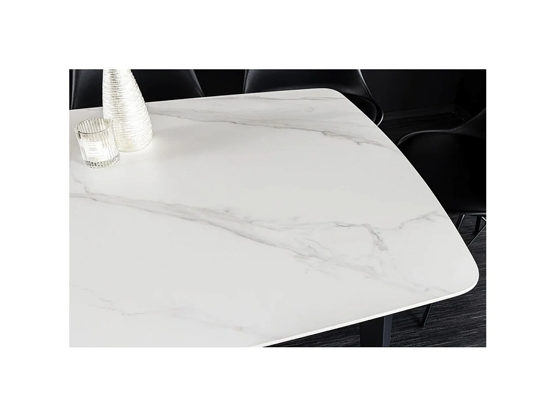 Mesa de comedor HEXA 180 cm – Tablero de cerámica efecto mármol blanco y estructura de metal negro