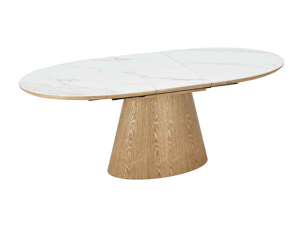 Table LUMEA – Céramique effet marbre blanc et MDF plaqué chêne – 160-200 cm – Forme ovale