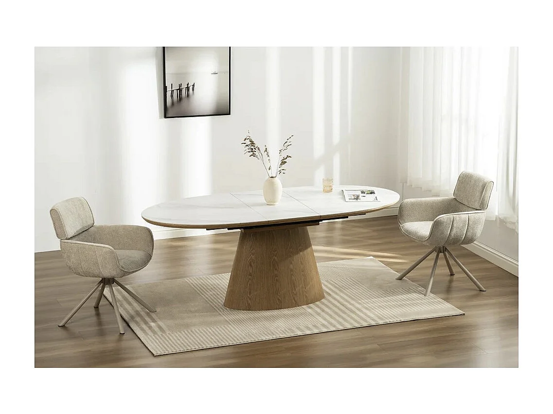 Table LUMEA – Céramique effet marbre blanc et MDF plaqué chêne – 160-200 cm – Forme ovale