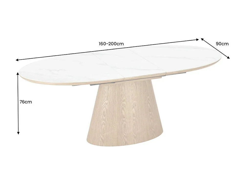Table LUMEA – Céramique effet marbre blanc et MDF plaqué chêne – 160-200 cm – Forme ovale
