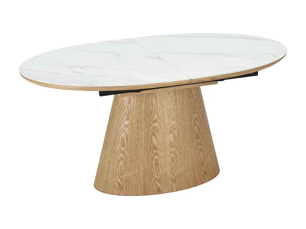 Table LUMEA – Céramique effet marbre blanc et MDF plaqué chêne – 160-200 cm – Forme ovale