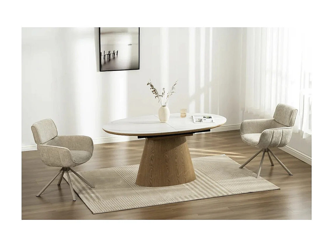 Table LUMEA – Céramique effet marbre blanc et MDF plaqué chêne – 160-200 cm – Forme ovale
