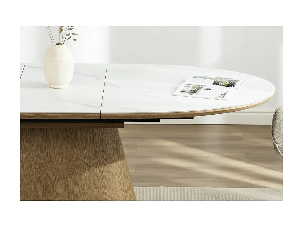 Table LUMEA – Céramique effet marbre blanc et MDF plaqué chêne – 160-200 cm – Forme ovale