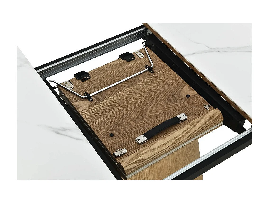 Table LUMEA – Céramique effet marbre blanc et MDF plaqué chêne – 160-200 cm – Forme ovale