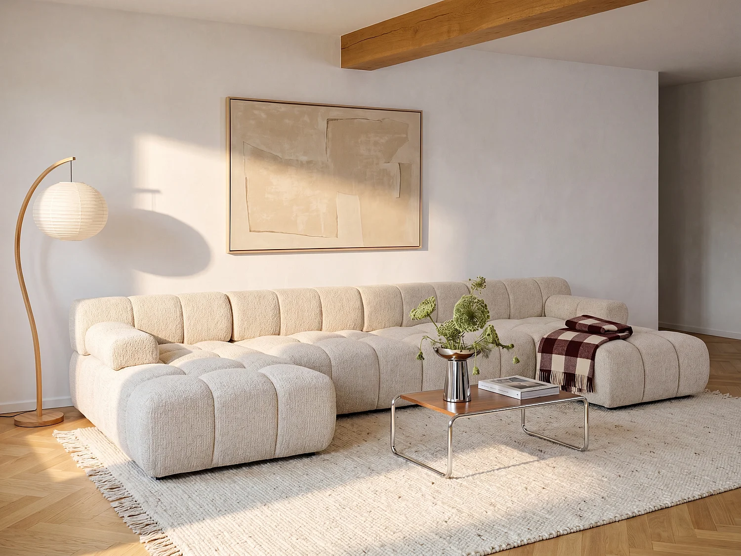 Méridienne gauche avec accoudoir en tissu chiné beige FACIVIL
