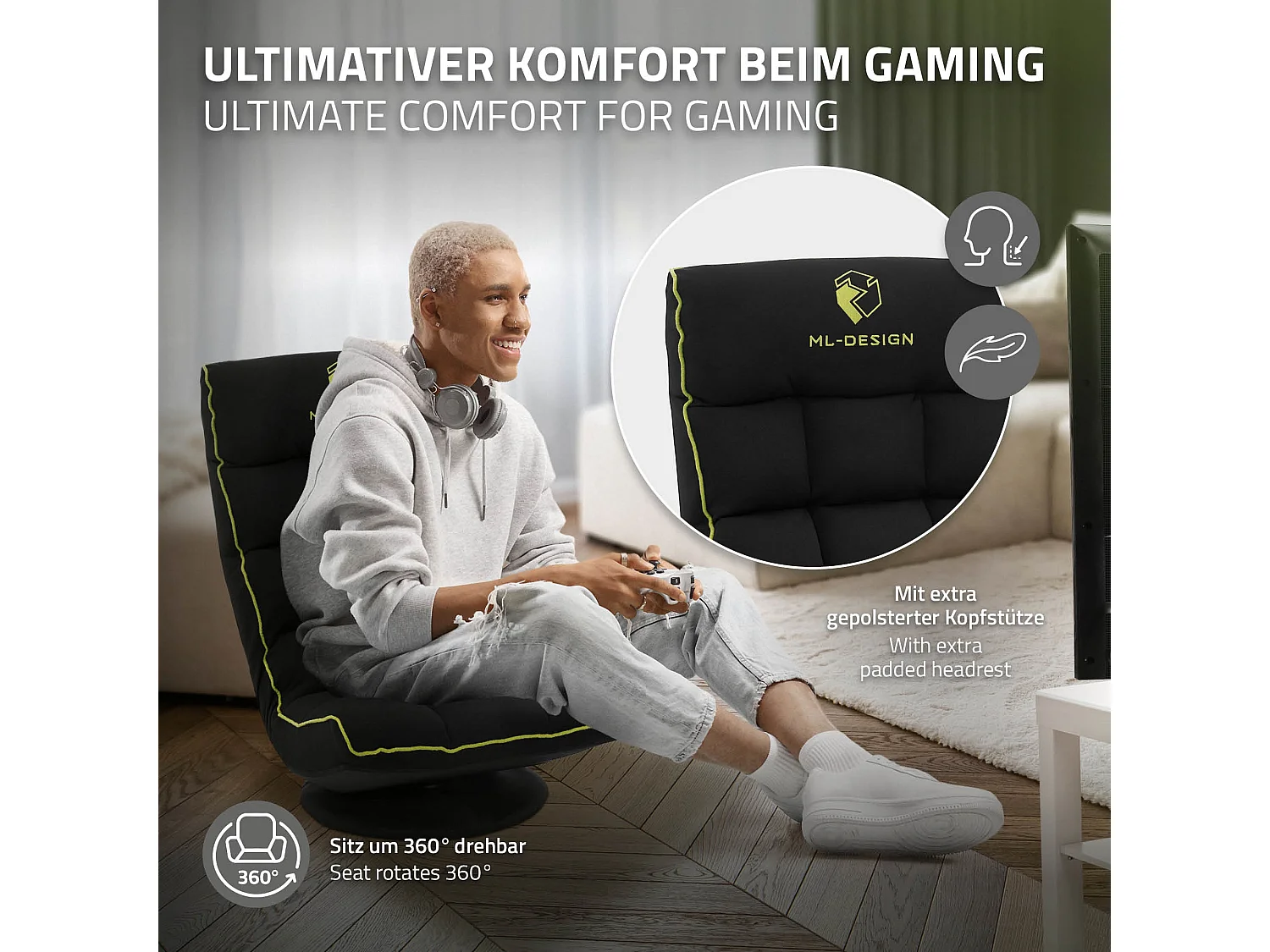 ML-Design Sedia Gaming Ergonomica Imbottita Nero Verde Girevole a 360° Supporto Lombare e Poggiatesta Poltrona da Ufficio Regolabile Comfort Moderna