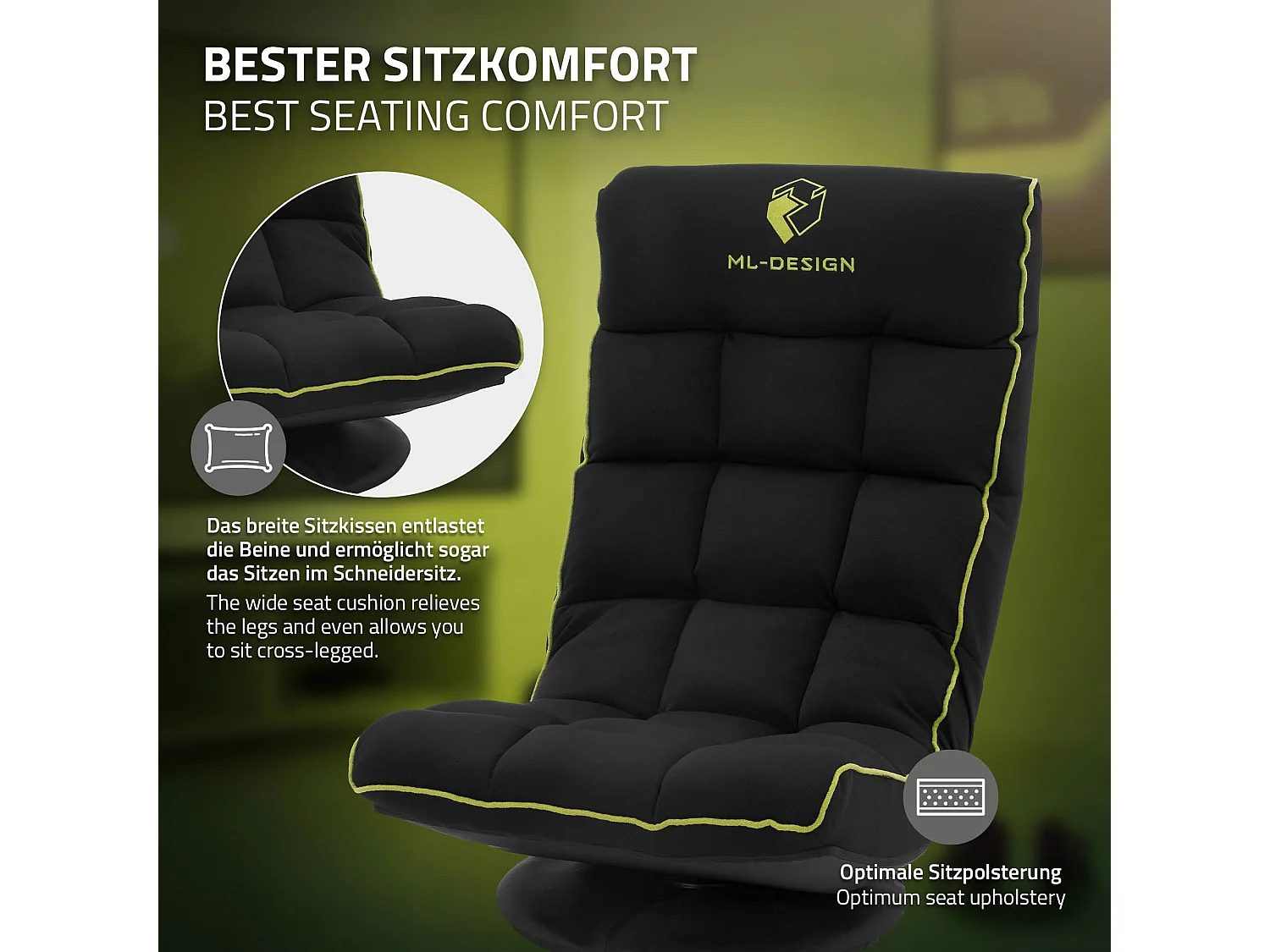 ML-Design Sedia Gaming Ergonomica Imbottita Nero Verde Girevole a 360° Supporto Lombare e Poggiatesta Poltrona da Ufficio Regolabile Comfort Moderna