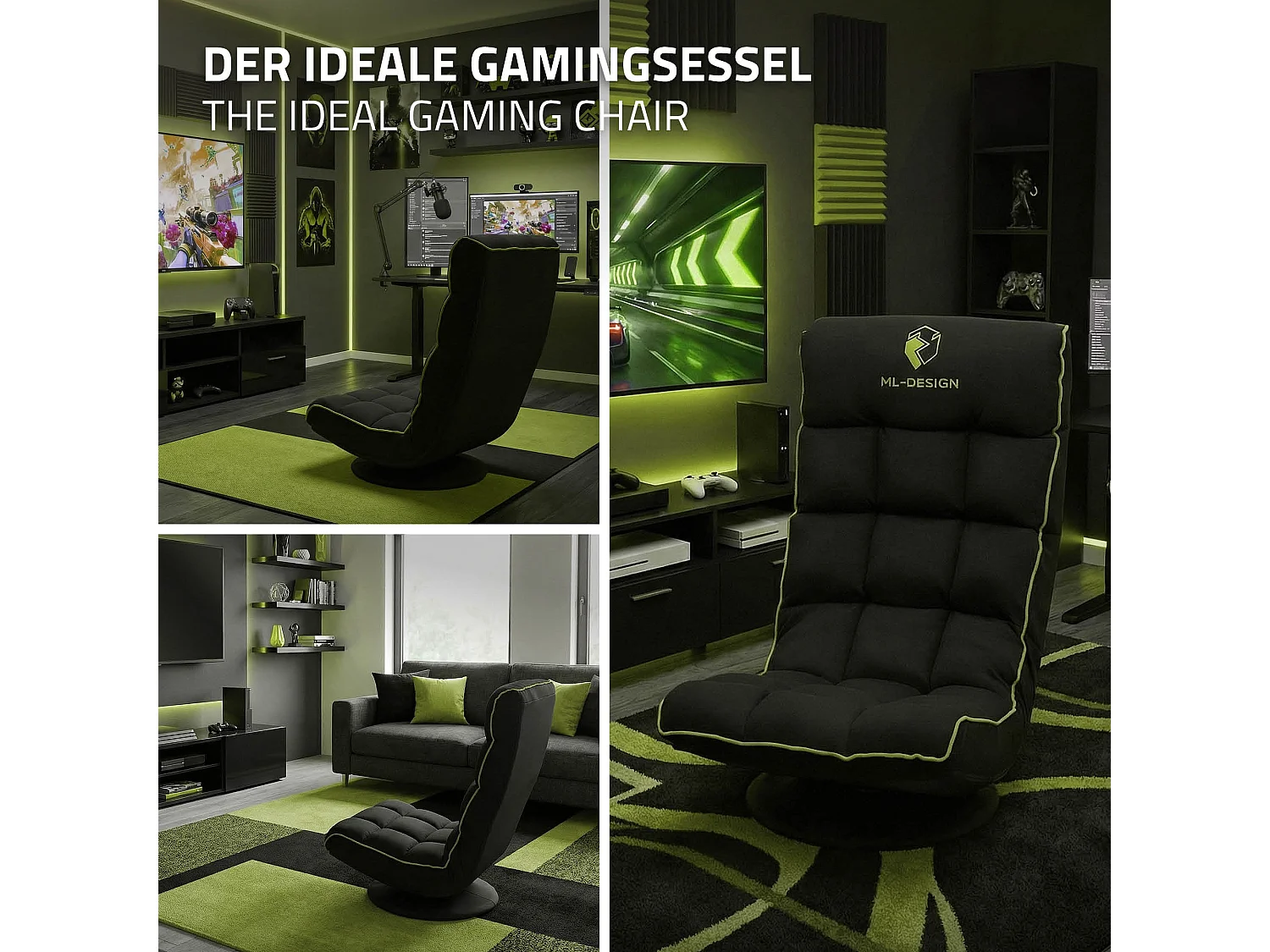 ML-Design Sedia Gaming Ergonomica Imbottita Nero Verde Girevole a 360° Supporto Lombare e Poggiatesta Poltrona da Ufficio Regolabile Comfort Moderna
