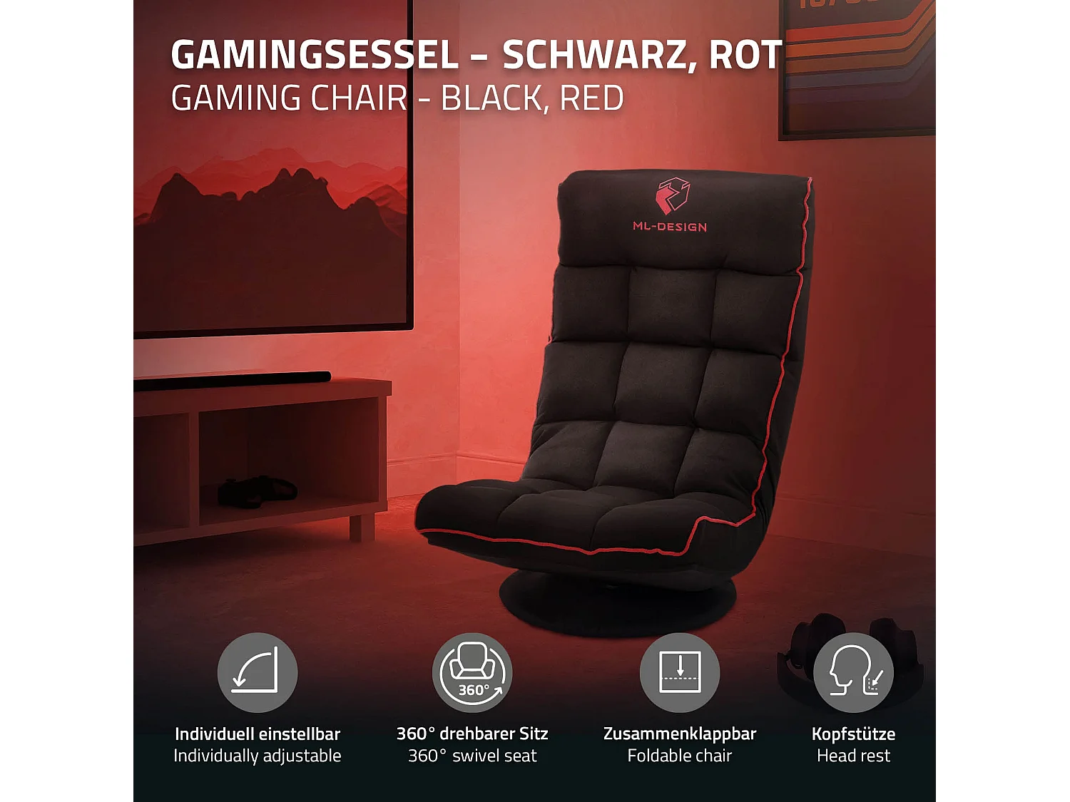 ML-Design Sedia Gaming Ergonomica Imbottita Nero Rosso Girevole a 360° Supporto Lombare e Poggiatesta Poltrona da Ufficio Regolabile Comfort Moderna