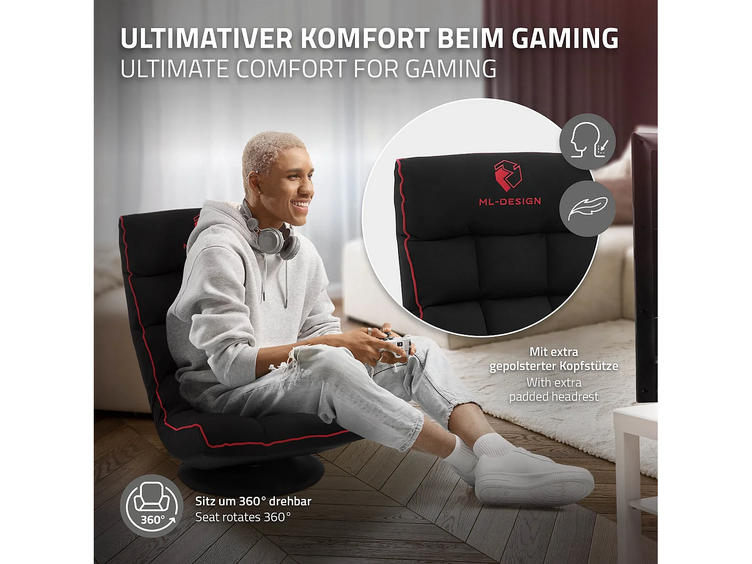 ML-Design Sedia Gaming Ergonomica Imbottita Nero Rosso Girevole a 360° Supporto Lombare e Poggiatesta Poltrona da Ufficio Regolabile Comfort Moderna