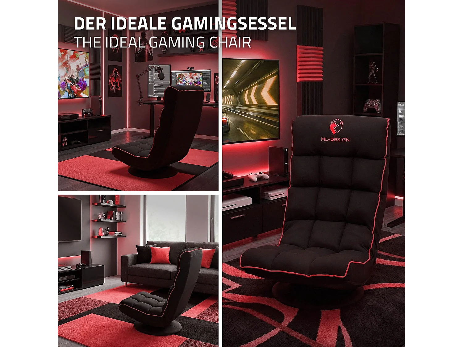 ML-Design Sedia Gaming Ergonomica Imbottita Nero Rosso Girevole a 360° Supporto Lombare e Poggiatesta Poltrona da Ufficio Regolabile Comfort Moderna