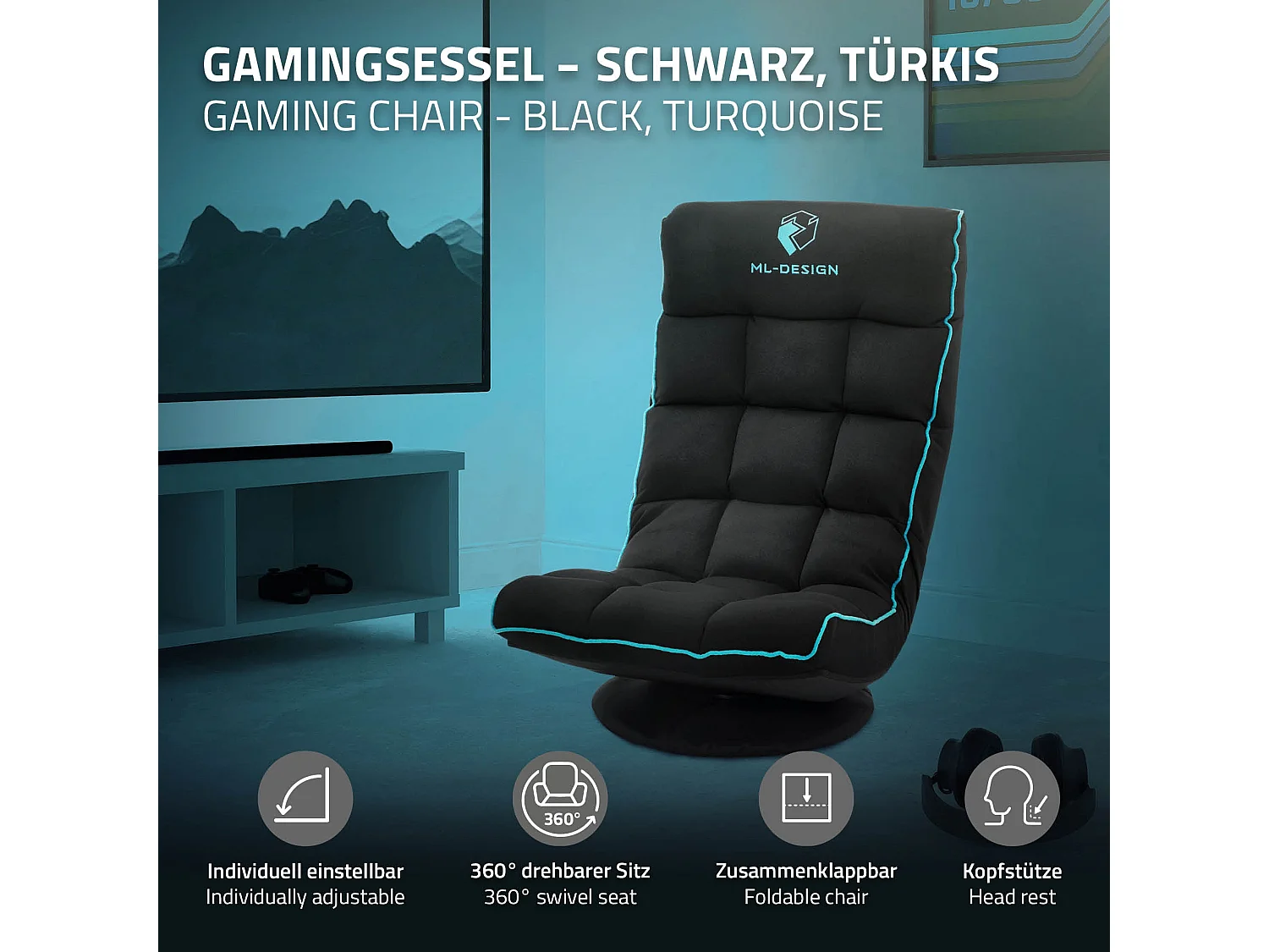 ML-Design Sedia Gaming Ergonomica Imbotita Nero Turchese Girevole a 360° Supporto Lombare e Poggiatesta Poltrona da Ufficio Regolabile Comfort Moderna
