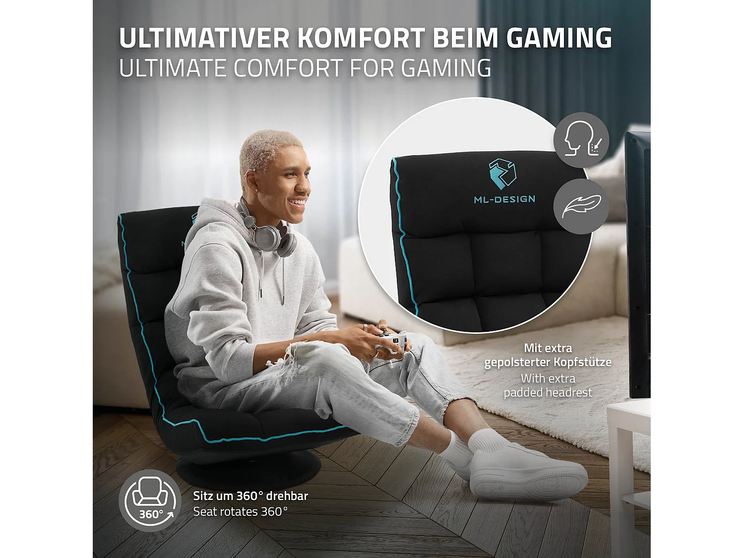 ML-Design Sedia Gaming Ergonomica Imbotita Nero Turchese Girevole a 360° Supporto Lombare e Poggiatesta Poltrona da Ufficio Regolabile Comfort Moderna