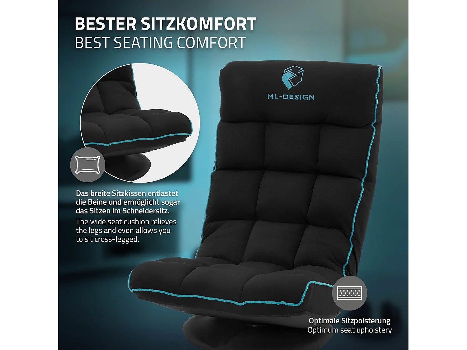 ML-Design Sedia Gaming Ergonomica Imbotita Nero Turchese Girevole a 360° Supporto Lombare e Poggiatesta Poltrona da Ufficio Regolabile Comfort Moderna