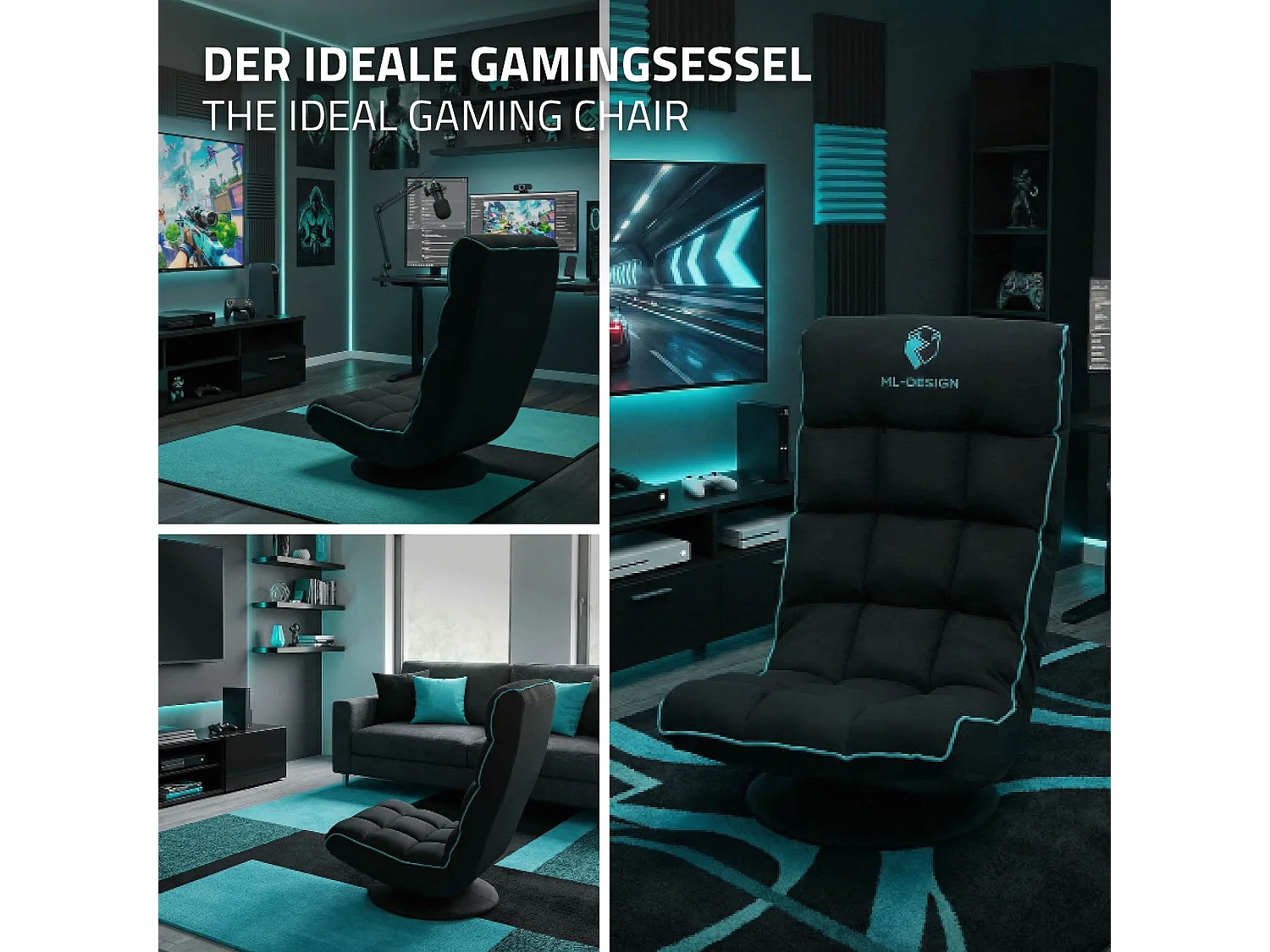 ML-Design Sedia Gaming Ergonomica Imbotita Nero Turchese Girevole a 360° Supporto Lombare e Poggiatesta Poltrona da Ufficio Regolabile Comfort Moderna
