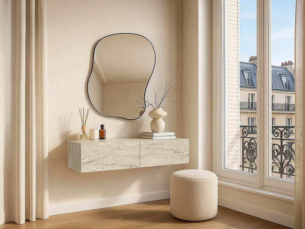 Console suspendue avec 2 portes - Effet travertin beige - TENIDA