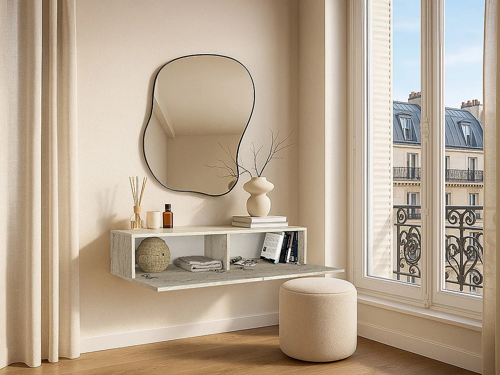 Console suspendue avec 2 portes - Effet travertin beige - TENIDA