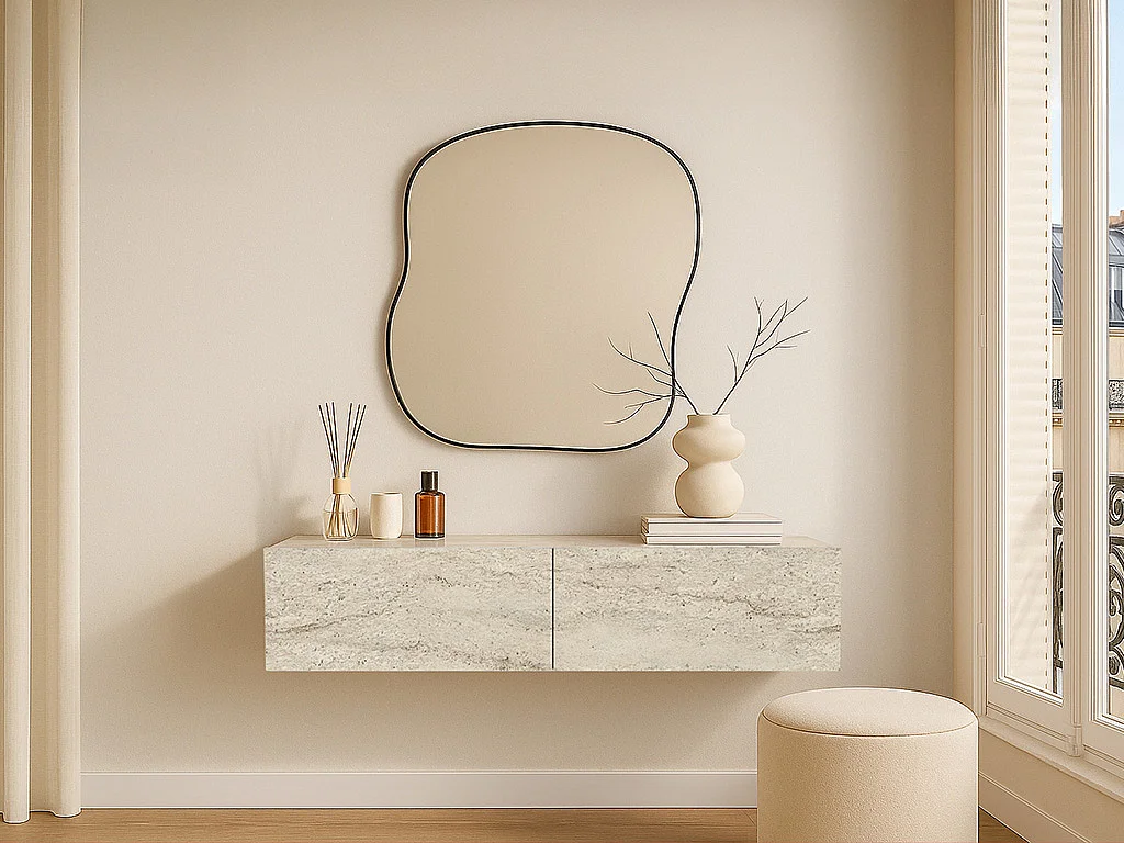 Console suspendue avec 2 portes - Effet travertin beige - TENIDA