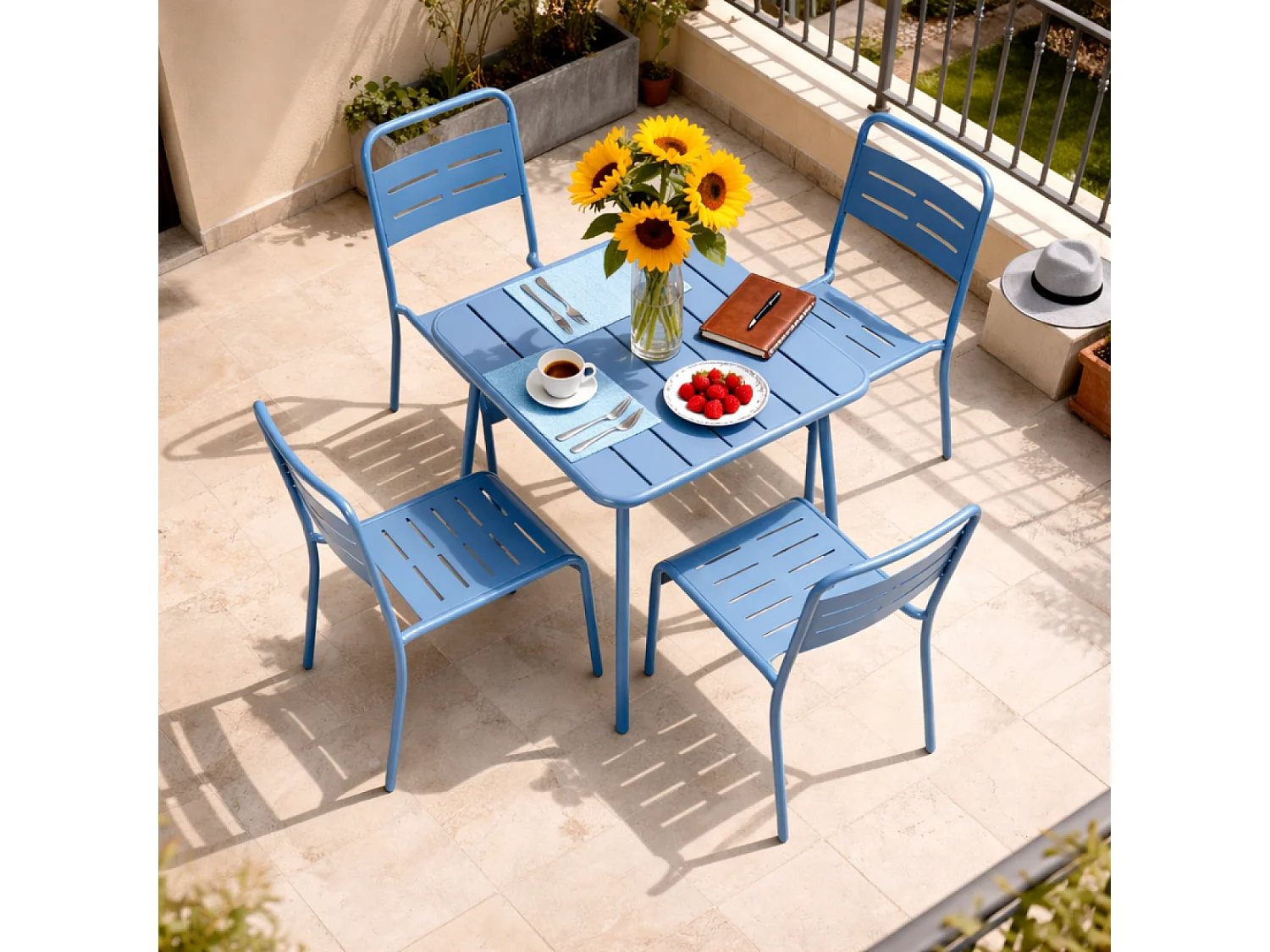 Table carrée 4 places 70x70cm bleu BERGAME