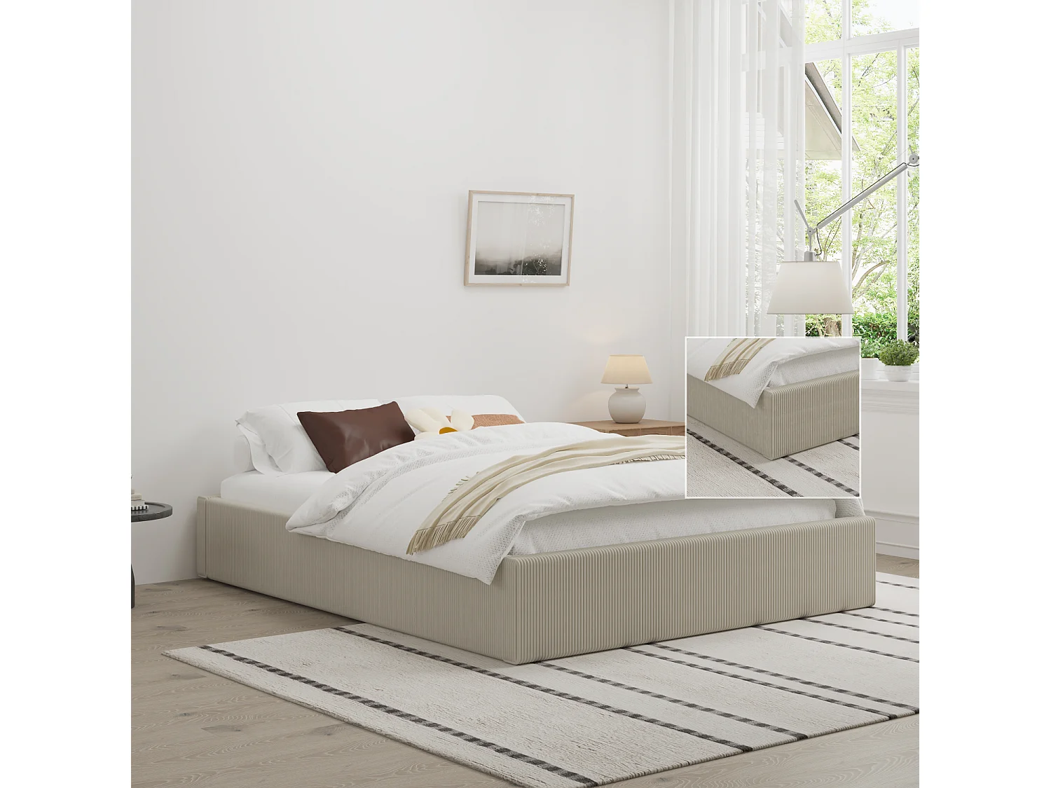 Lit avec coffre de rangement 160x200cm velours côtelé beige AUSTIN