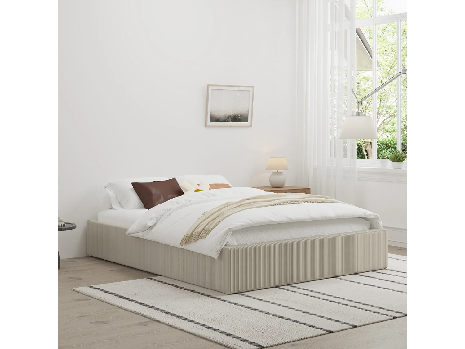 Lit avec coffre de rangement 160x200cm velours côtelé beige AUSTIN