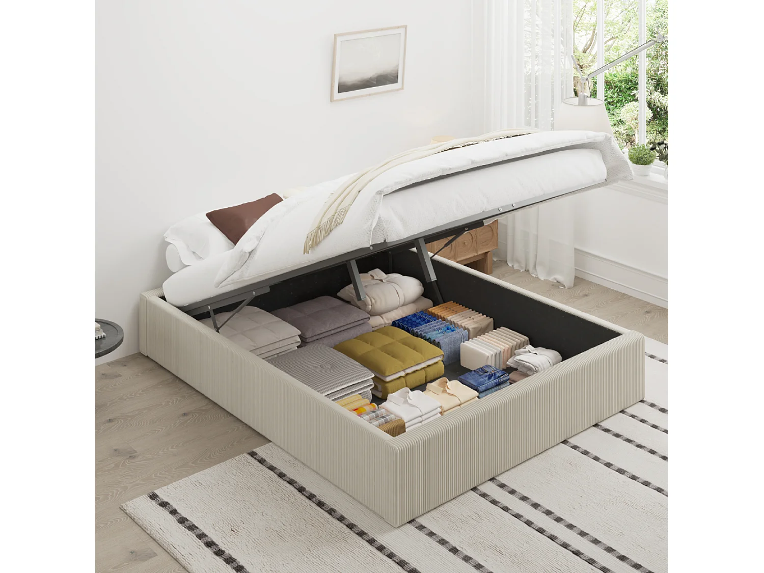 Lit avec coffre de rangement 160x200cm velours côtelé beige AUSTIN