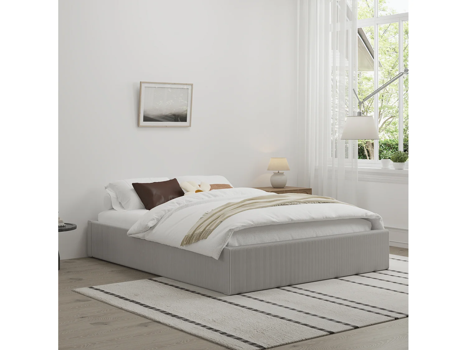 Lit avec coffre de rangement 140x190cm velours côtelé gris AUSTIN