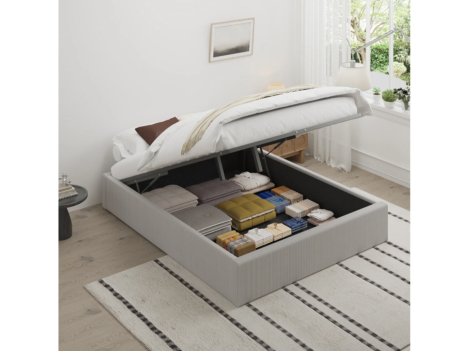 Lit avec coffre de rangement 140x190cm velours côtelé gris AUSTIN