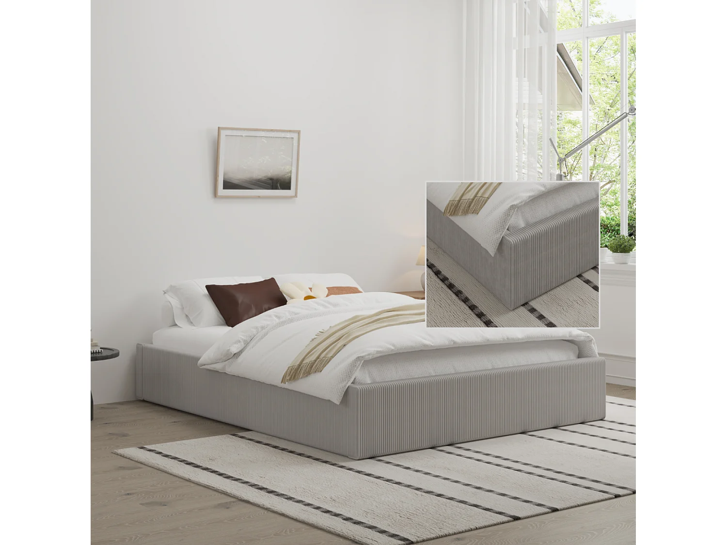 Lit avec coffre de rangement 140x190cm velours côtelé gris AUSTIN