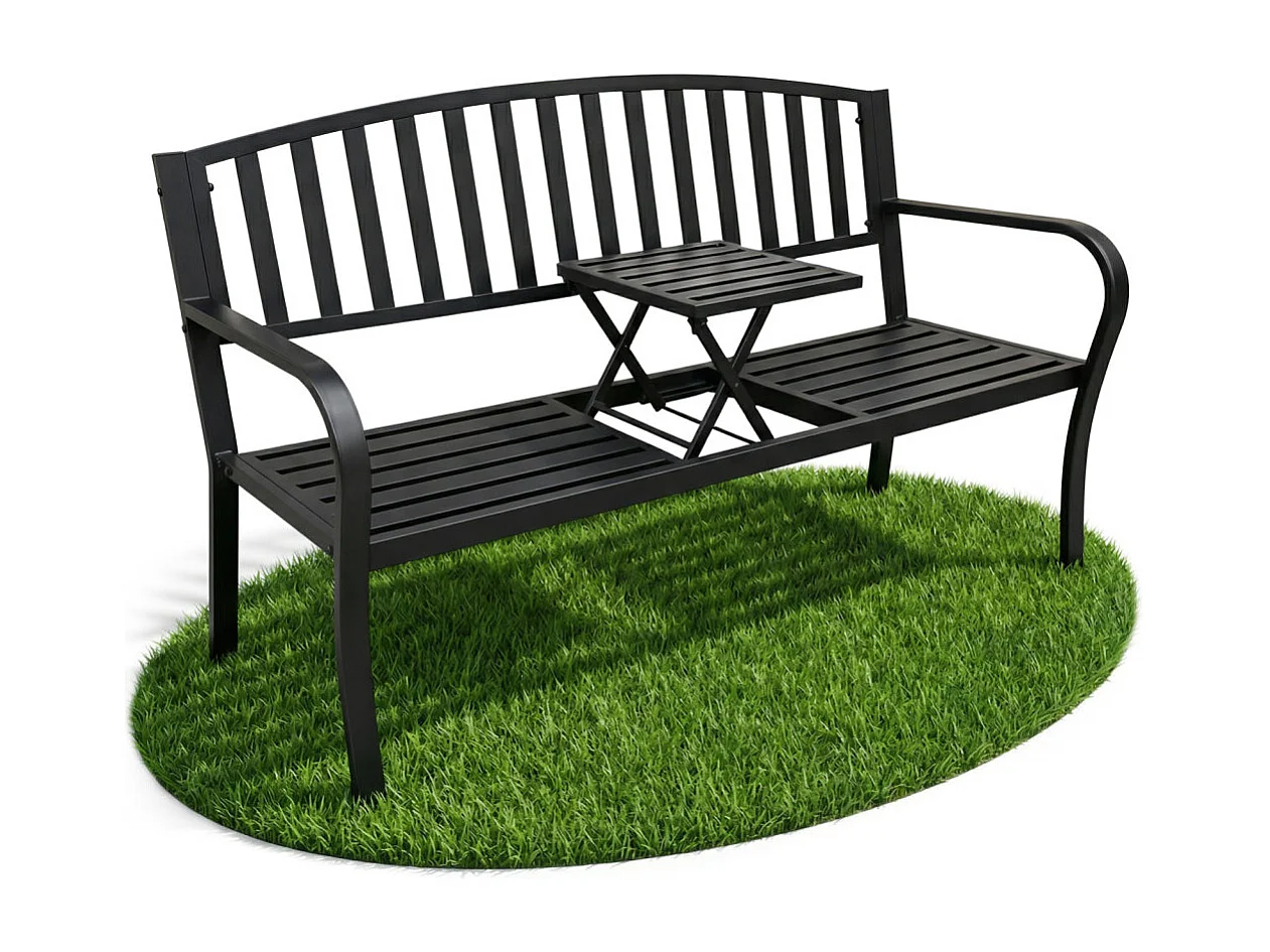 Banc de jardin noir DUO avec pieds en acier et dossier en acier, largeur 135 cm