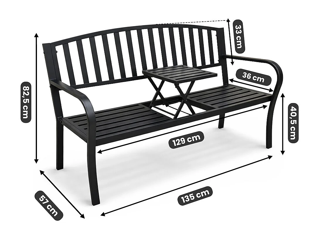 Banc de jardin noir DUO avec pieds en acier et dossier en acier, largeur 135 cm