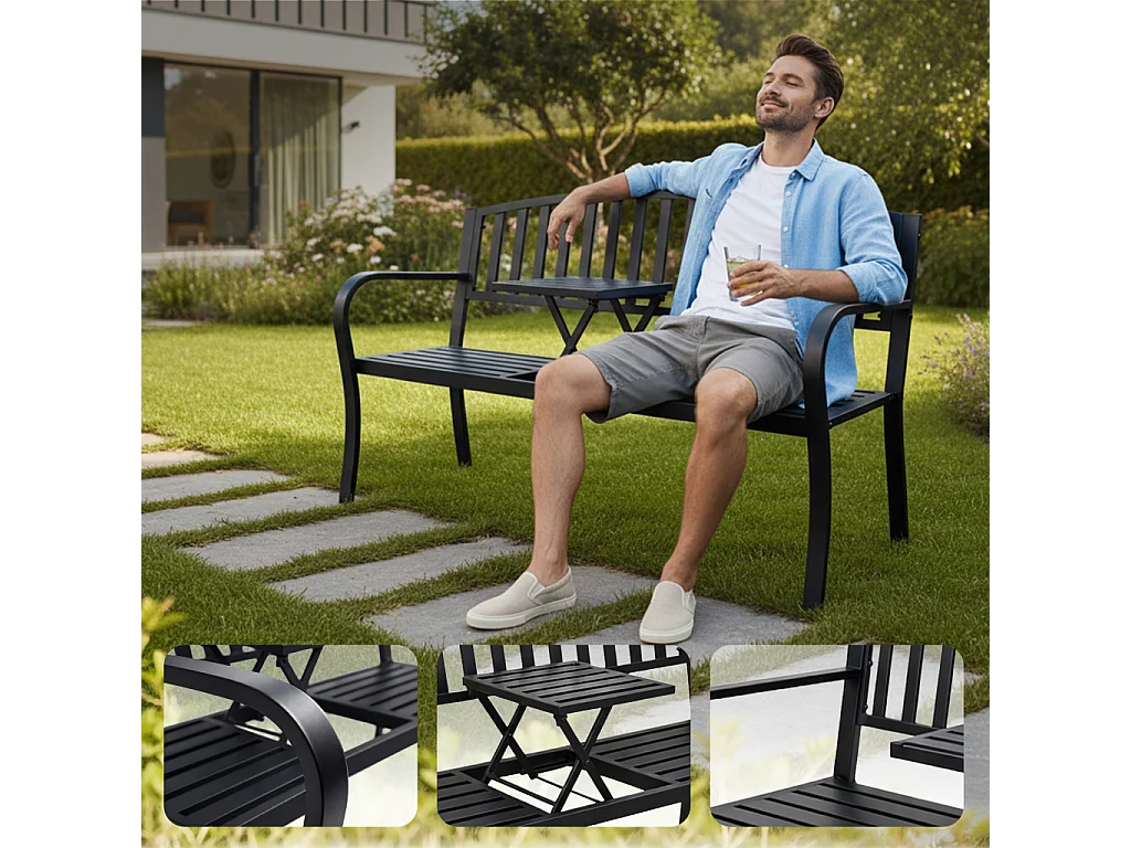 Banc de jardin noir DUO avec pieds en acier et dossier en acier, largeur 135 cm