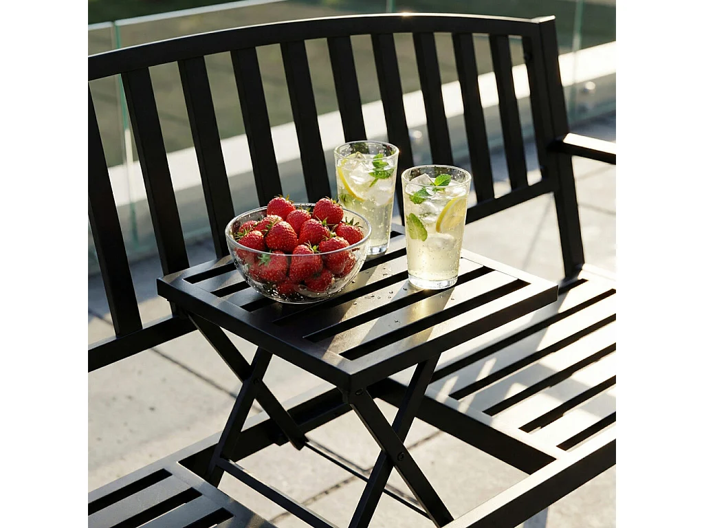 Banc de jardin noir DUO avec pieds en acier et dossier en acier, largeur 135 cm