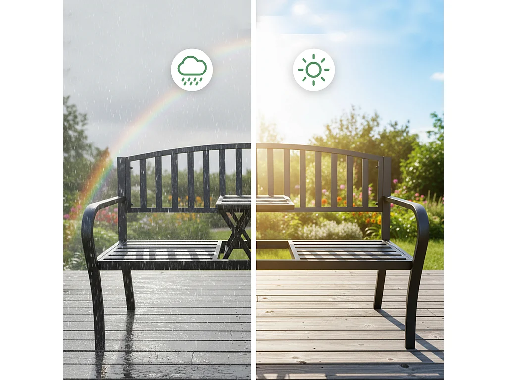 Banc de jardin noir DUO avec pieds en acier et dossier en acier, largeur 135 cm