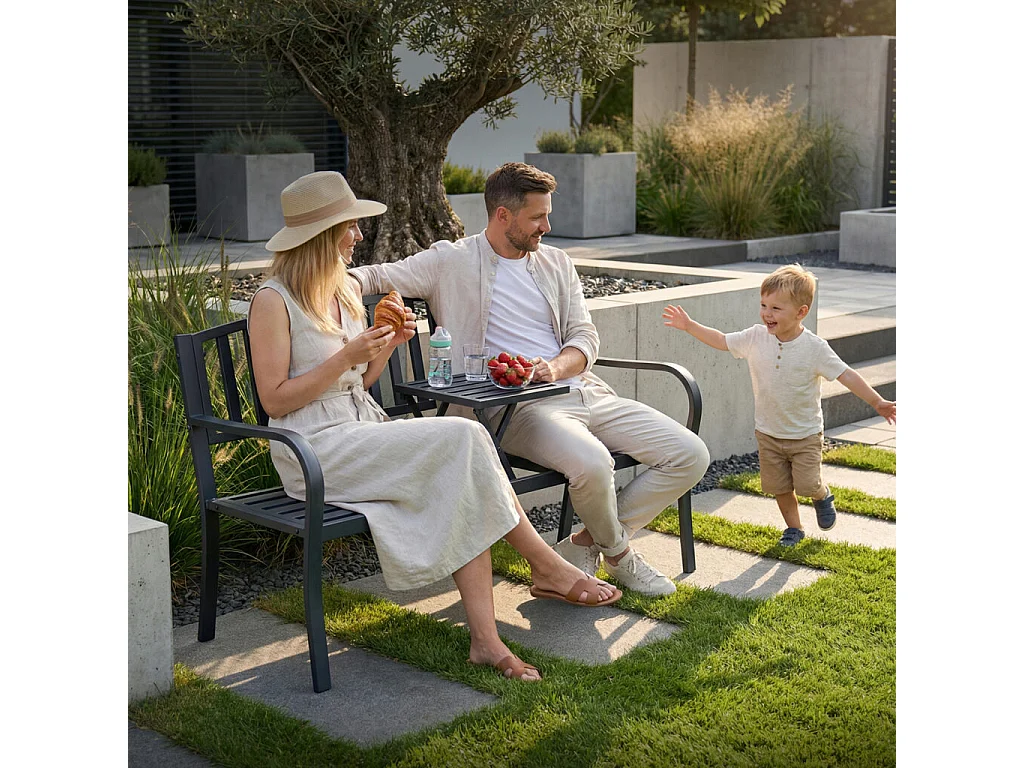 Banc de jardin noir DUO avec pieds en acier et dossier en acier, largeur 135 cm