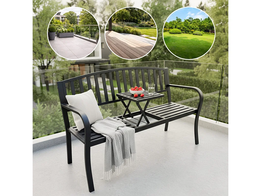 Banc de jardin noir DUO avec pieds en acier et dossier en acier, largeur 135 cm