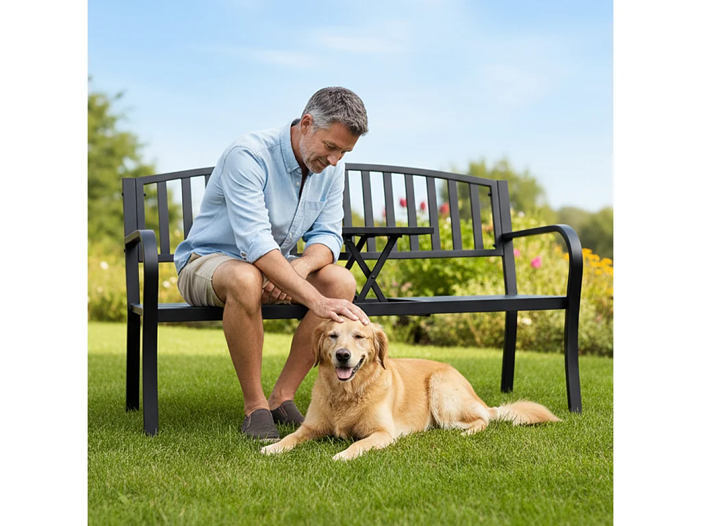 Banc de jardin noir DUO avec pieds en acier et dossier en acier, largeur 135 cm