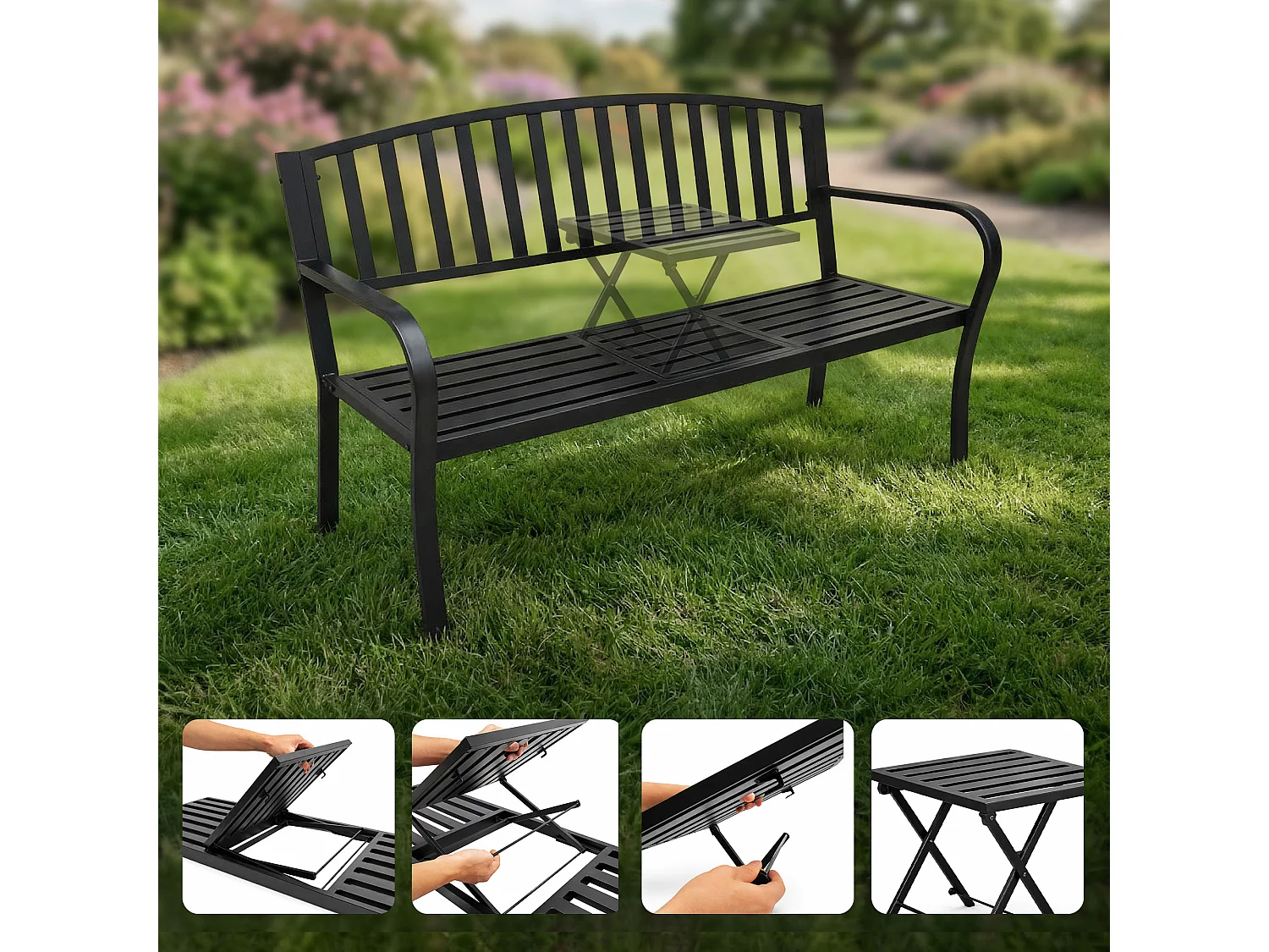 Banc de jardin noir DUO avec pieds en acier et dossier en acier, largeur 135 cm